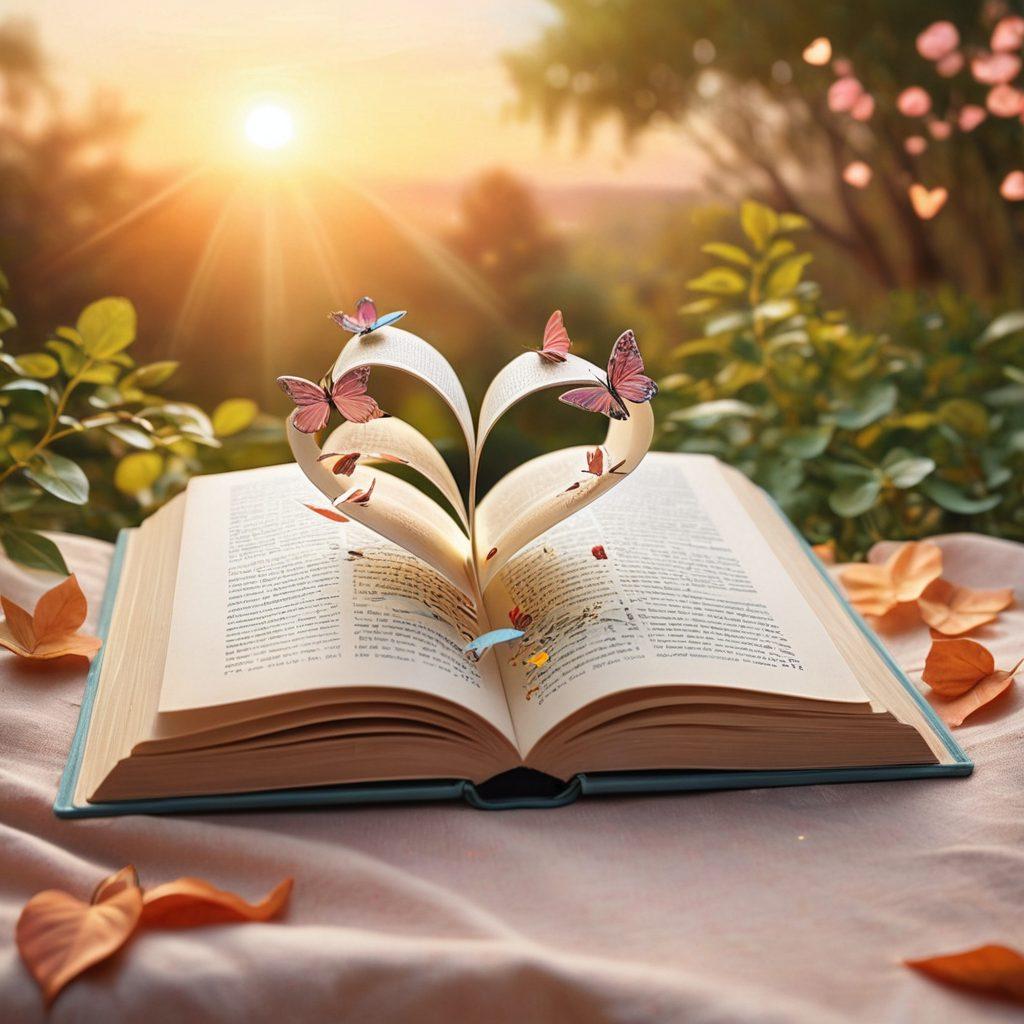 An open book with pages fluttering, surrounded by delicate heart-shaped leaves, symbolizing love. Soft pastel colors create a gentle, warm atmosphere, while tiny definitions float around like butterflies. A serene background with hints of a sunset adds to the romantic vibe. super-realistic. pastel colors. soft focus.
