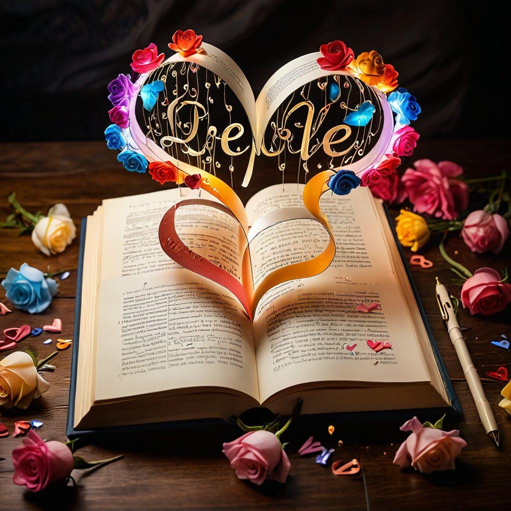 A whimsical scene featuring an open book surrounded by colorful, floating heart-shaped letters and words of affection, with a quill pen delicately resting on the pages. Soft, warm lighting illuminates the scene, evoking a romantic atmosphere. In the background, a dreamy landscape of roses and soft clouds complements the theme of love and words. vibrant colors. painting.
