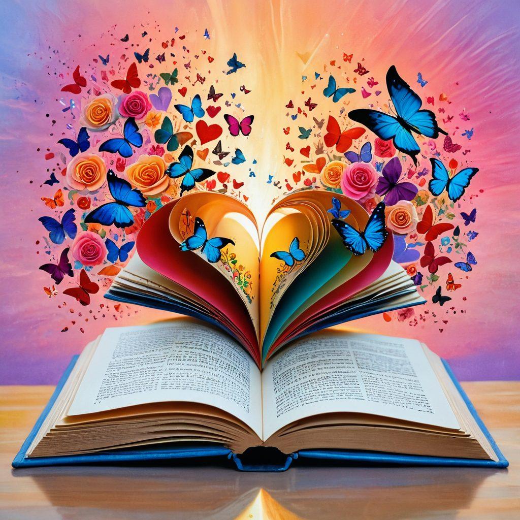 A whimsical composition featuring an open book with colorful pages fluttering in the wind, inscribed with romantic phrases and symbols of affection like hearts and roses. In the background, a soft sunset casts a warm glow, symbolizing romance and intimacy. Delicate butterflies flutter around, adding a touch of enchantment. The scene evokes a feeling of love and connection. vibrant colors. painting.